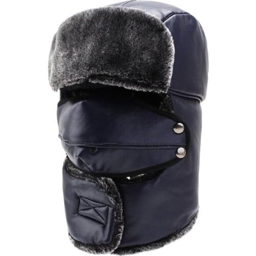 Winter Men Women Bomber Hats Water Resistant PU Leather Thick Soft Fur Hat For Biking Skiing Winter Outsports Hat