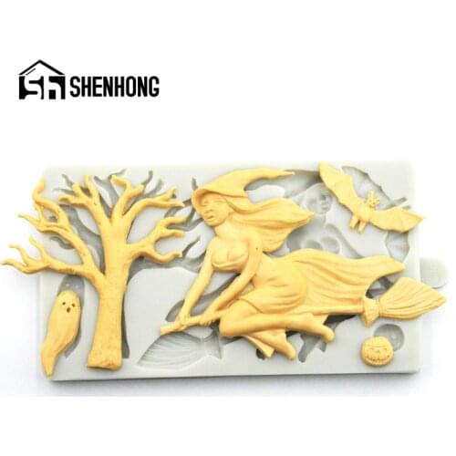 SHENHONG Ghost Bat Pumpkin Biscuit Chocolate Candy Halloween Broom Witch Silicone Fondant Cake Mold Sugar Craft Decorating Mould