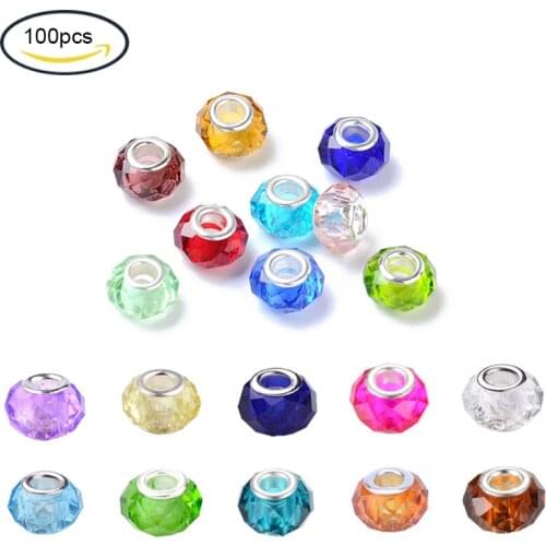 100PCS Handmade Glass European Beads, Large Hole Beads, Silver Color Brass Core, Mixed Color, 14x8mm, Hole: 5mm