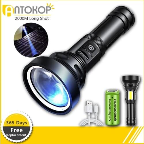 2000M Super Long Distance LED Flashlight with Large Convex Lens Waterproof Aluminum Alloy Portable Spotlights for Camp Hiking