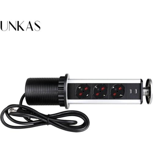 UNKAS 13A PULL POP UP 3 Italy / Chile Plug Socket Dual USB Charge Port Kitchen Table Desktop Outlet Retractable Aluminum Body