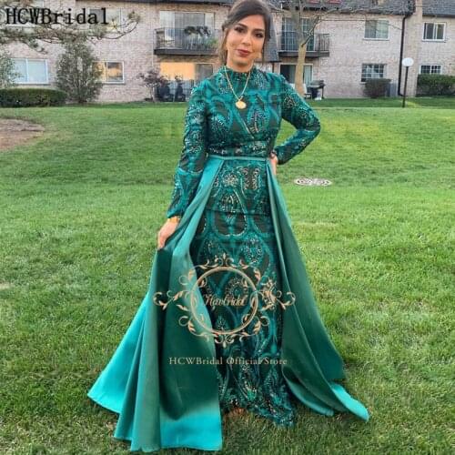 Green Muslim Evening Dress Long Sleeve Mermaid Lace Prom Gown With Detachable Train Dubai Women Wedding Party Occasion Dresses
