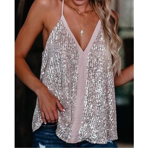 2020 Summer Women Camisole Casual V Neck Sequins Strappy Tank Top Vest sleeveless Solid Blouse Tee Female Clothing