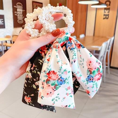 2021 Pearl Headband Ladies Fashion Ribbon Flower Hair Scrunchies Girls Ponytail Bow Sweet Hairband New Girls Hair Accessories