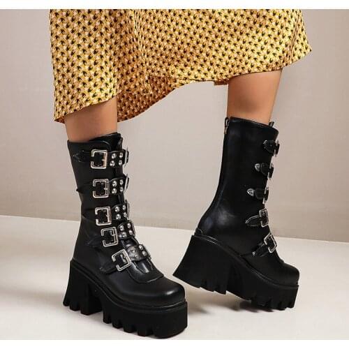 Brand Design Big Size 43 Black Gothic Style Cool Punk Motorcycles Boots Female Platform Wedges High Heels Calf Boots Women Shoes