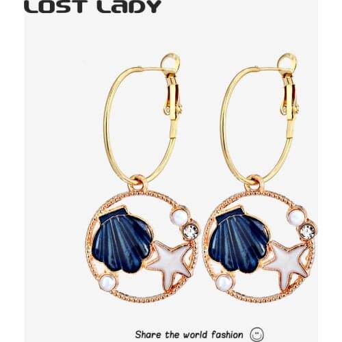 Lost Lady Fashion Hollow Round Dangle Earrings Statement Cute Seashell Starfish Earrings for Women Party Jewelry Gift