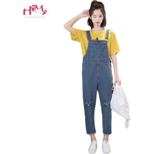 Women Cute Cat Embroidery Denim Jumpsuits Antumn Casual Pocket Loose Jeans Jumpsuits Rompers Female Harem Denim Bib Overall