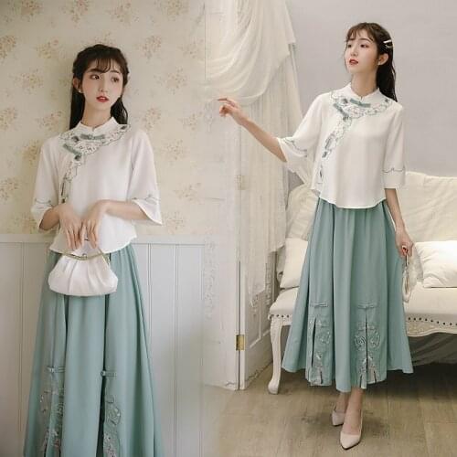 Chinese Style Vintage Chiffon Han Element Womens Embroidery 2021 New Improved Qipao Dress Suit Two Piece Tang Dress Summer