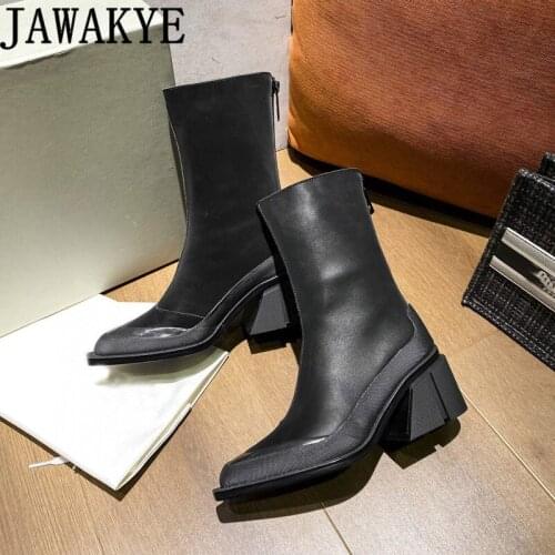 Winter New Chelsea Boots for Women Pointy toe Chunky Heel Mid calf Short Boots Genuine Leather Slim Ankle Boots botas mujer