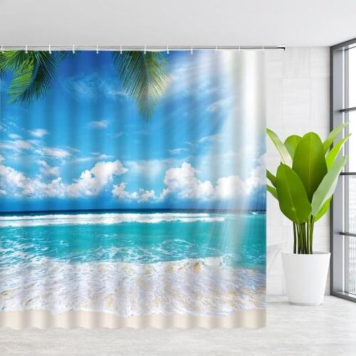 ZKJSMGS Shower Curtains of Textile Ocean Beach Sea Wave Sunlight Green Leaf Pattern Bathroom Waterproof Polyester Curtain Set