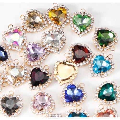 12mm Gold Heart Sew On With Colorful Glass Stone Claw Crystal Buckle Hanging Pendant Setting DIY Jewelry Clothes Charm