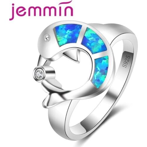 Brand 925 Sterling Silver Jewelry Unique Fish Pattern Sparkly Blue Opal Ring Fashion Party Engagement Jewelry Gift for Women