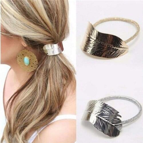 Fashion Women Korean Hair Accessories Tree Leaves Hair Band Metal Leaf Elastic Rubber Hair Ropes For Accessories Gift