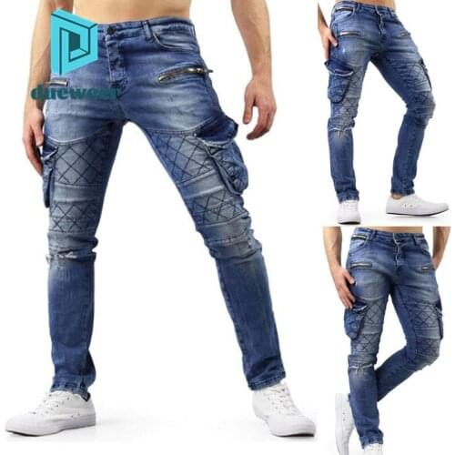 DUEWEER Men Ripped Pleated Stretch Jeans Distressed Casual Hip Hop Trousers Men Baggy Scratch Jeans Cargo Straight Denim Pants