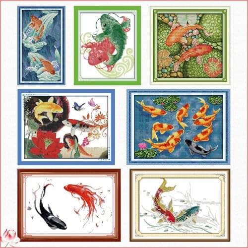Koi Series Cross Stitch Kit DIY Good Luck Animal Flower Pattern 14CT 11CT Embroidery Set Needlework Home Decoration Painting