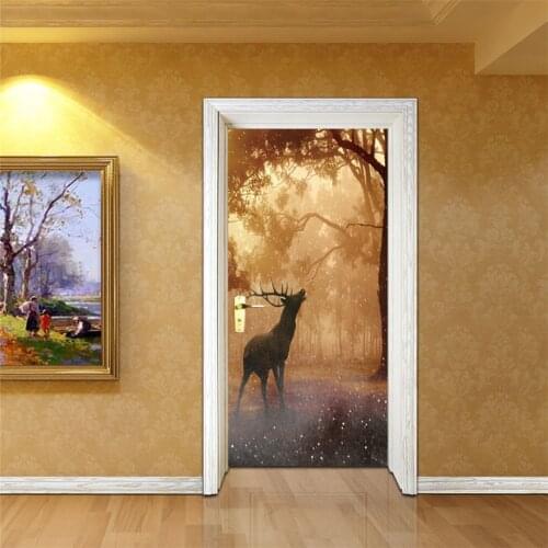 Forest Deer Door Sticker Pvc Diy Self-Adhesive Waterproof Wallpaper Home Decor Giraffe Stickers On The Doors Mural Deurposter