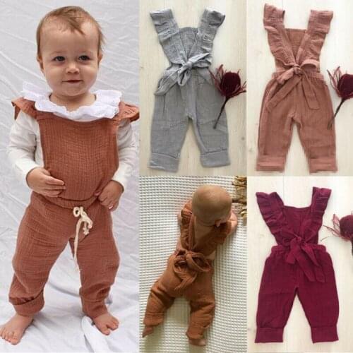 0-3Y Newborn Kid Baby Girl Rompers Solid Ruffle Short Sleeve Belt Bib Pants Romper Overalls Cotton Outfits Clothes