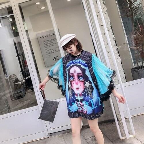 Chic Mesh Sleeve Patchwork O-Neck Midum Length Womens T-Shirts Fashion High Street Cartoon Print Diamonds Female Loose Tees Top