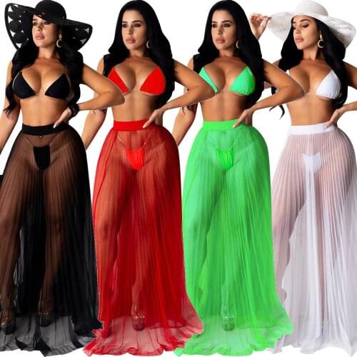 CM.YAYA Women Solid Beach Bra Top Panties Mesh See Though Maxi Skirts Bikinis Set Sexy Party Club Three Piece Set Swimsuit Set