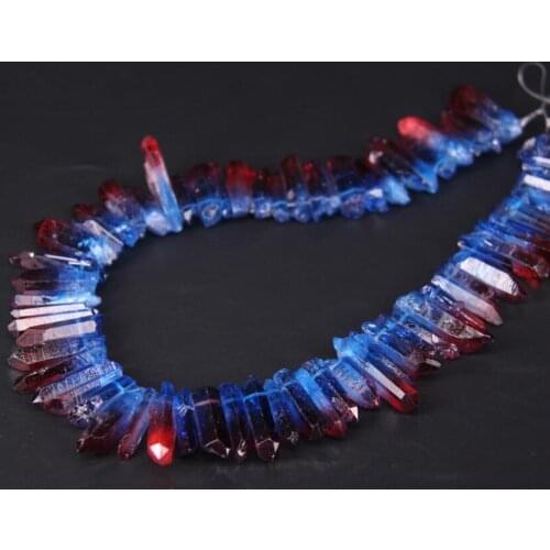 15.5"/strand Blue&Red Gradient Color Titanium Raw Crystal Quartz Top Drilled Point Beads,Cut Rough Crystal Stick Pendant Jewelry