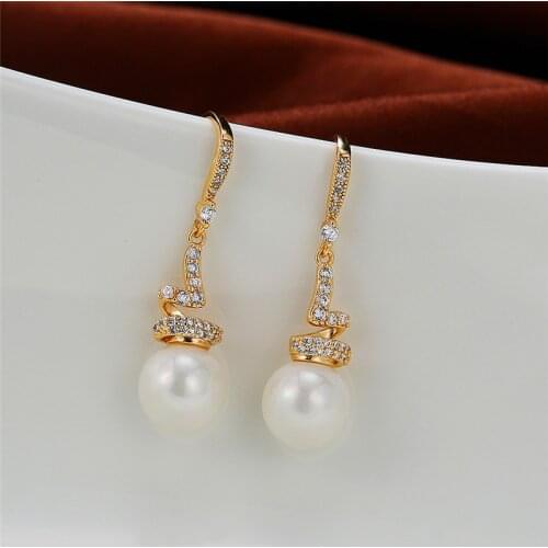 Vintage Female White Pearl Dangle Earrings Rose Gold Silver Color Earrings Classic Rpund Crystal Wedding Earrings For Women