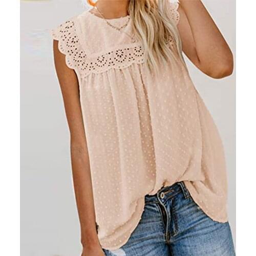 Sexy V-Neck Lace Hollow Shirt Blouse Summer Sleeveless Ladies Shirt Casual Women Solid Pullover Tops