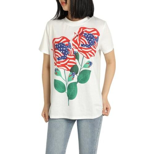 Women Casual Summer Loose T-Shirt Women Casual American Flag Rose Print Short-Sleeved Round Neck Top With Short Sleeves
