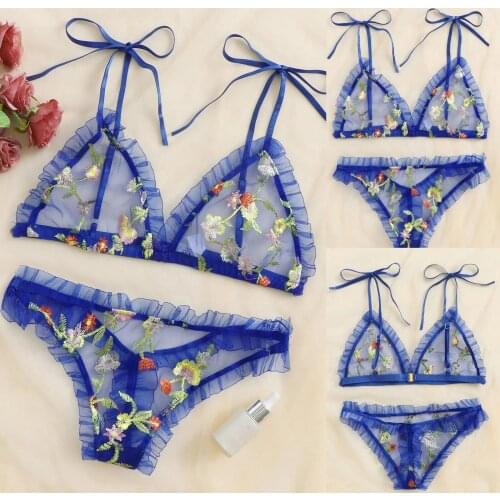 Women Lingerie Bra Sexy V-Neck Embroidery Floral Lace Bow Sling Sleevless +Thong Underwear Sexy Ladies Intimates 2021 Hot Sale