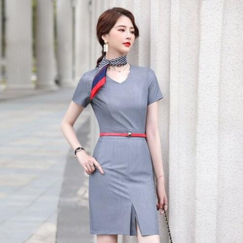 Ladies Summer Short Sleeve Elegant Grey Fashion V-neck Slim Hips Dress OL Styles Business Work Wear Dresses with Belt Scarf