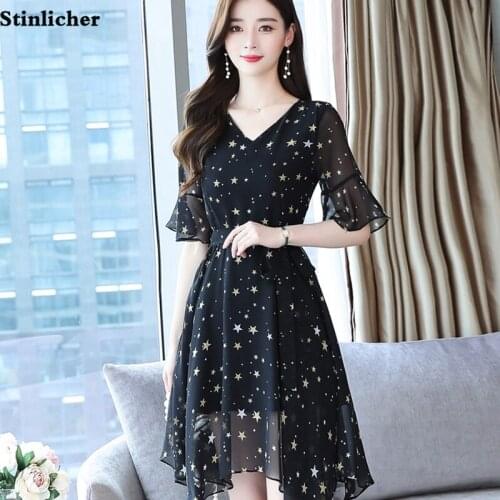 Summer casual star print chiffon dress women elegant V-neck belt bandage tunic party dress ladies fashion midi dress robe