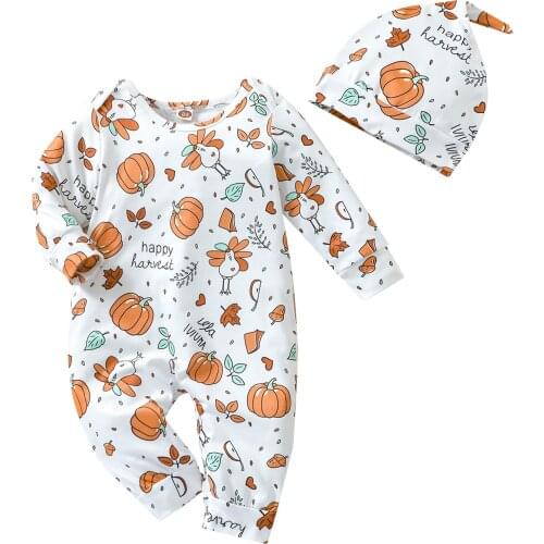 2021 0-18M Baby Casual Boys Girls Jumpsuit with Hat Cute Thanksgiving Turkey Print Long Sleeve O Neck Romper Long Pants 2pcs