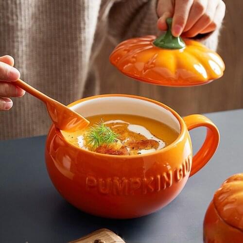 500ML/850ML Ceramic Cup with Lid Spoon Large Capacity Halloween Pumpkin Cup Creative Breakfast Cup Salad Bowl Water Cup Gift