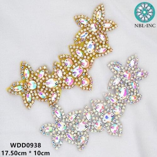 30pcs) wedding dress AB gold beaded crystal rhinestone neckline appliques iron on for wedding dresses WDD0938