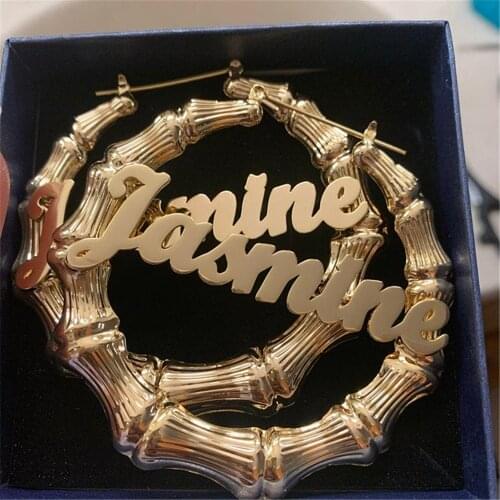 AurolaCo 30mm-90mm Custom Bamboo Hoop Earrings Customize Name Earrings Bamboo Style Personality Earrings Christmas Gift for Gilr