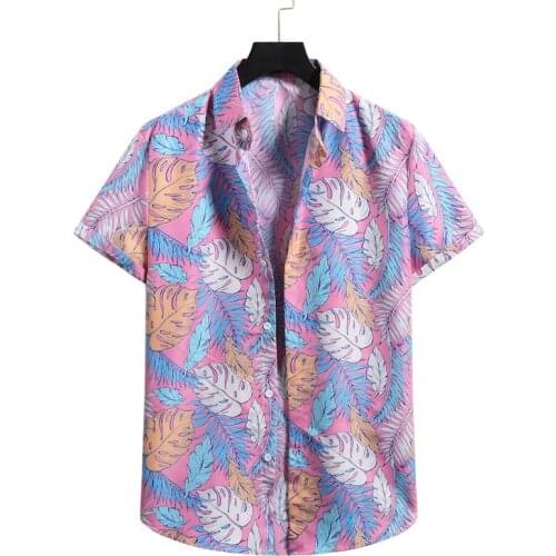 Pink Leaf Print Hawaiian Shirt Men Hipster Short Sleeve Button Up Beach Shirts Men Party Holiday Vacation Clothing Camisa Hombre