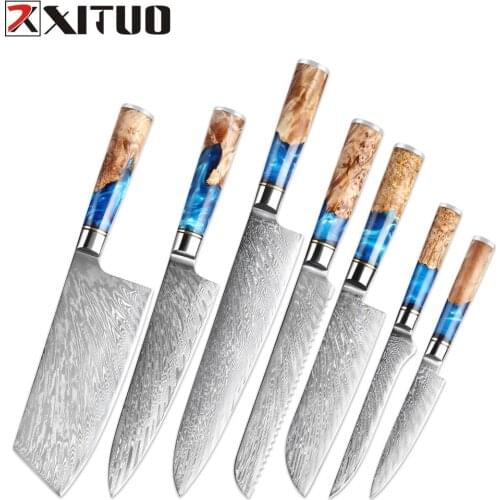 XITUO Professional Kitchen Chef Knife Damascus Steel Japan VG10 Premium Blue Resin and Colored Wooden Handle Cooking Tools