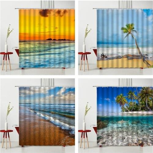 Landscape Shower Curtain Beach Coconut 100% Waterproof Polyester Fabric Bath Screen Fabric Curtains Bathroom Furniture Supplies