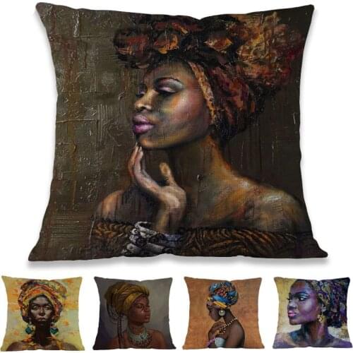 Oil Painting Style African Black Woman Girl Headwear Elegant Beauty Pillow Case Home Salon Sofa Car Decorative Cushion Cover