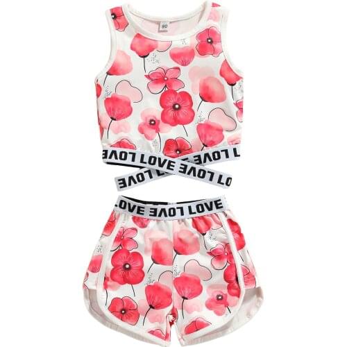 2021 Summer Fashion Girls Flower Letter Print Round Neck Cross Cutout Tank Tops + Shorts Toddler Summer Outfits 2 Pcs