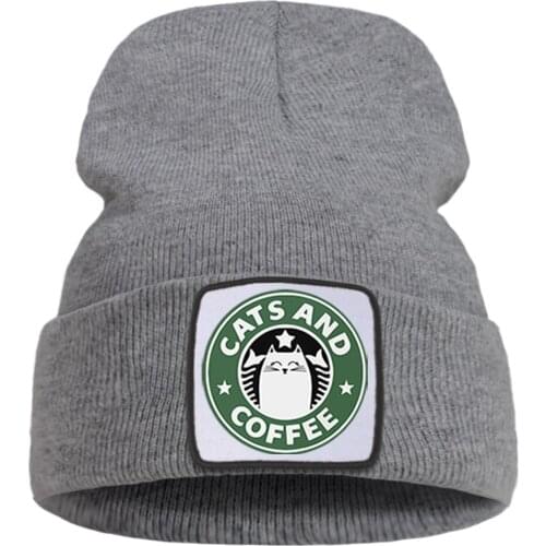 Kawaii Cats And Coffee Print Skullies Hats Women Casual Bonnet Cap Solid Color Cotton Soft Knitted Cap Street Warm Beanie Hat
