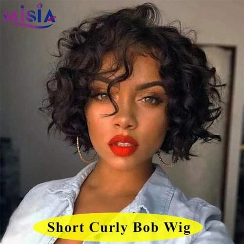 MISIA Short Loose Curly Wig Brazilian Human Hair 130% Wigs for Black Women Short Curly Wave Wig Natural Black Remy Wig