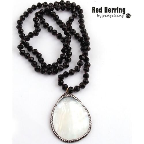 Fashion Bohemian Tribal Jewelry Black Long Crystal Glass Knotted Handmake Paved Shell Drop Pendant Necklaces