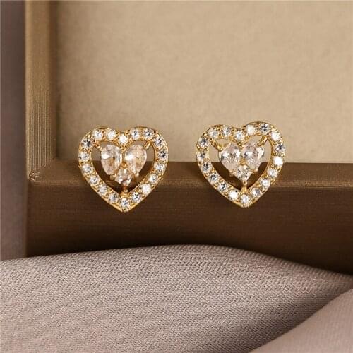 Trendy Female Crystal Love Heart Earrings Charm Gold Silver Color Stud Earrings Cute White Zirconia Wedding Earrings For Women
