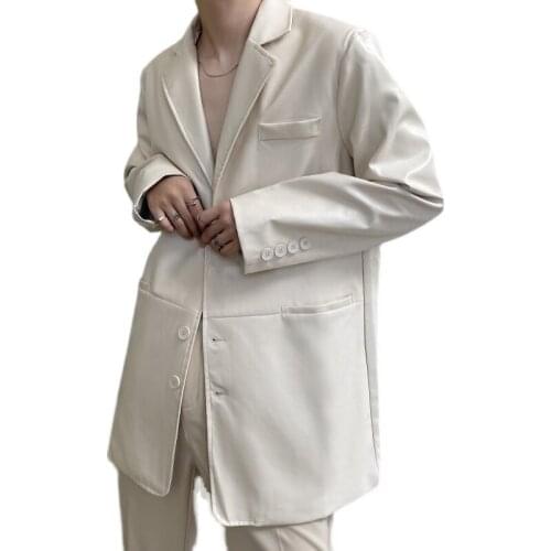 Men Loose Casual PU Leather Long Blazer Jacket Suit Outerwear Women Oversize Streetwear Vintage Fashion Leather Coat Suit Blazer