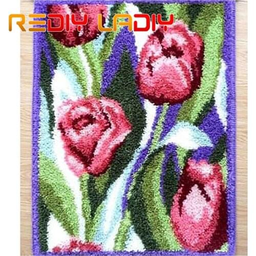 Latch Hook Rug Kits Flower Tulips Mat Crocheting Carpet Rug 100% Acrylic Yarn Sofa Cushion Mat DIY Carpet Rug Home Decor Crafts