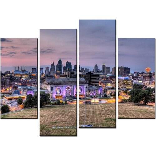 Canvas Wall Art City Landscape Paintings Wall Art Kansas City Square in the Dusk 4 Panel Picture Print on Canvas Drop shipping