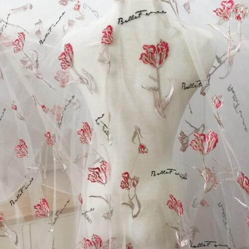 New Soft Skin-friendly Mesh Embroidery Fabric Fashion Letter Red Rose Pattern High-end Lace Fabric Diy Wedding Dress Fabric