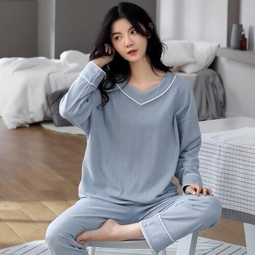 Autumn Winter Pure Cotton Women Pajamas Set Spring Long Sleeve V-neck Solid Color Home Wear Loose Two-piece Set Ladies Nightie