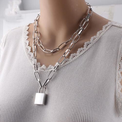 2020 Pad lock pendant punk necklace with key padlock chain necklace women men goth jewelry gold/silver color chains jewellery