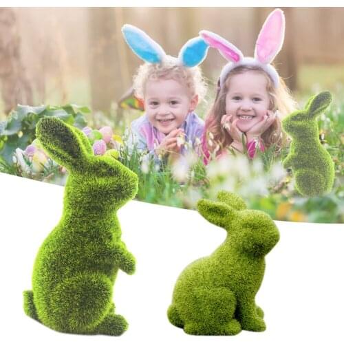 Easter Furry Flocked Bunny Easter Simulation Rabbit Green Resin Ornaments Rabbit Spring Table Garden Decorations